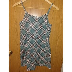 Fabkids Girls Plaid Dress Teal Pink Checkered Button Front XL 14/16 Sleeveless